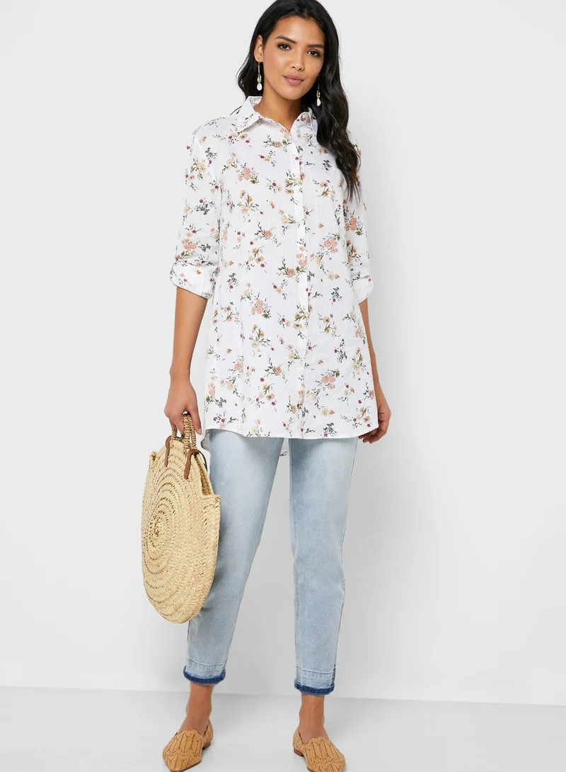 MANGO Printed Button Down Longline Shirt