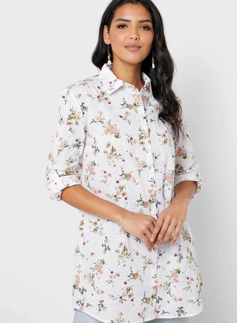 MANGO Printed Button Down Longline Shirt
