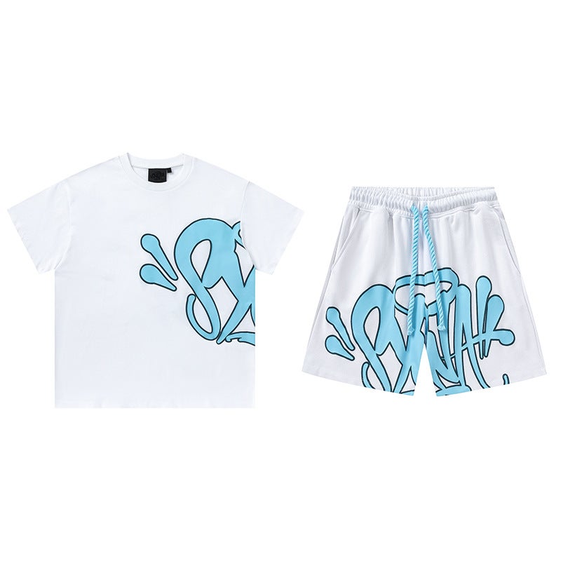American Trendy Brand Syna World Street Hip-Hop Foam Printed Casual Short-Sleeved Suit High Street Loose Shorts White suit 