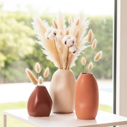 PUREZENTO Ceramic Bud Vase - Set of 3 | Centerpiece & Showpiece Vases for Home Decor, Living Room, Bookshelf & Tabletop Styling | Decorative Vase for Pampas Grass, Dried & Artificial Flowers - Image 4