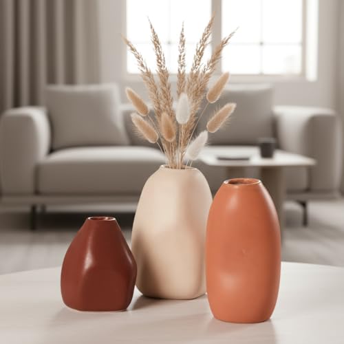 PUREZENTO Ceramic Bud Vase - Set of 3 | Centerpiece & Showpiece Vases for Home Decor, Living Room, Bookshelf & Tabletop Styling | Decorative Vase for Pampas Grass, Dried & Artificial Flowers - Image 2