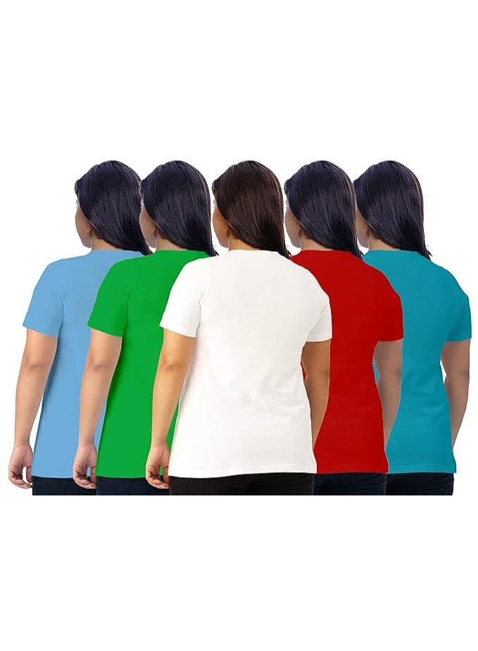 OPLU Store Women's Plus Size Cotton Plain T-Shirt, Pack of 5, White, Lightblue, Green, Red, Turquoise, 3XL - Image 2