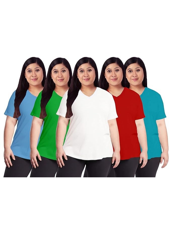 OPLU Store Women's Plus Size Cotton Plain T-Shirt, Pack of 5, White, Lightblue, Green, Red, Turquoise, 3XL - Image 1