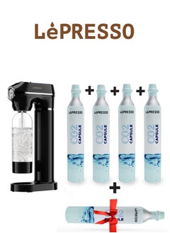 LePRESSO Sparkling Water Maker 1L with 4+1 Capsules and Pressure Meter / Efficient Carbonation / Adjustable Fizz Pressure / One-Button Operation - Black  - Image 1