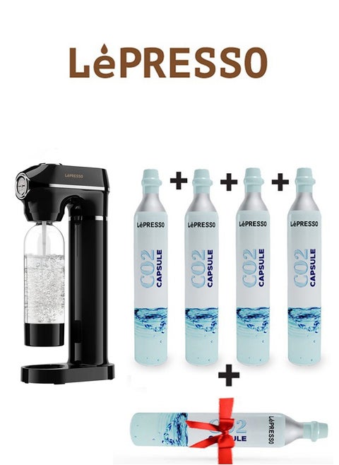 Sparkling Water Maker 1L with 4+1 Capsules and Pressure Meter / Efficient Carbonation / Adjustable Fizz Pressure / One-Button Operation - Black