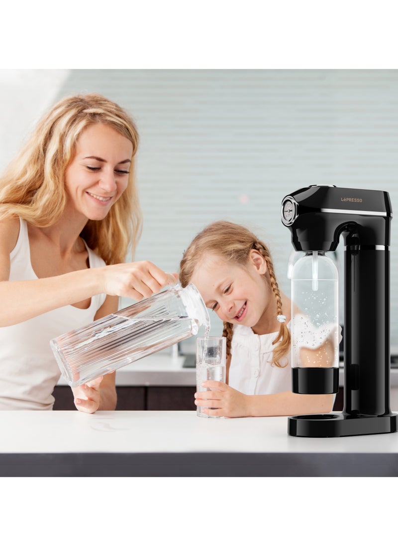 LePRESSO - Sparkling Water Maker 1L with 4+1 Capsules and Pressure Meter / Efficient Carbonation / Adjustable Fizz Pressure / One-Button Operation - Black - Image 1