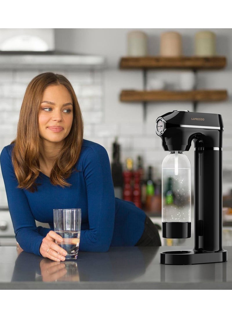 LePRESSO - Sparkling Water Maker 1L with 4+1 Capsules and Pressure Meter / Efficient Carbonation / Adjustable Fizz Pressure / One-Button Operation - Black - Image 1