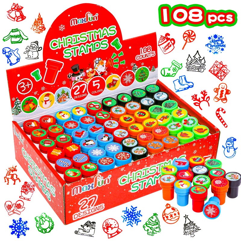 Max Fun 108Pcs Christmas Assorted Stamps for Kids Christmas Party Favors Supplies Christmas Goodies Bags Stuffers Christmas Stocking Stuffers Classroom Game Reward PrizesChristmas Stamper