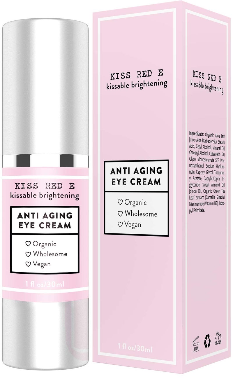 Kiss Red E Anti Aging Eye Cream for Women Men. Vegan Eye Cream for Dark Circles Puffiness Wrinkles 1 OZ 50 Days Supply - Image 1