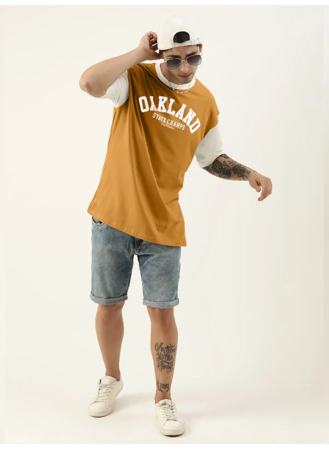 Maniac Mens Printed Round Neck 3/4th Sleeve Mustard and White Cotton Oversized T-Shirt