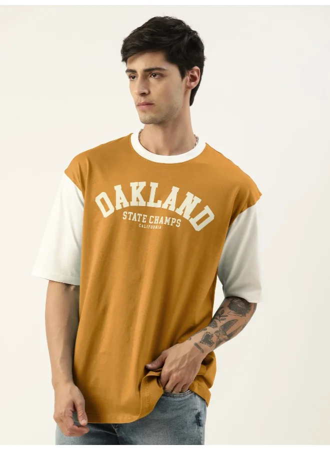 Maniac Mens Printed Round Neck 3/4th Sleeve Mustard and White Cotton Oversized T-Shirt