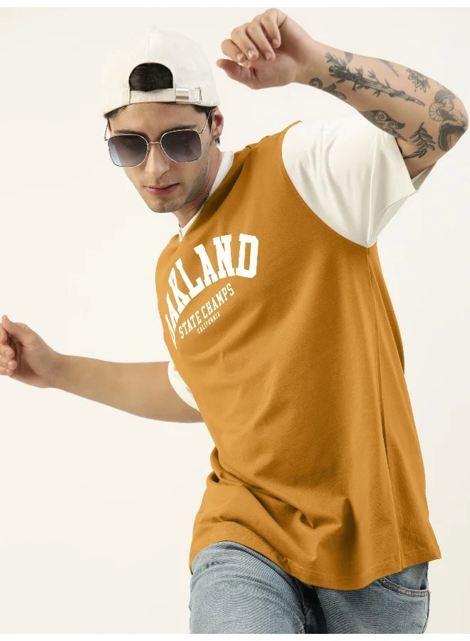 Maniac Mens Printed Round Neck 3/4th Sleeve Mustard and White Cotton Oversized T-Shirt