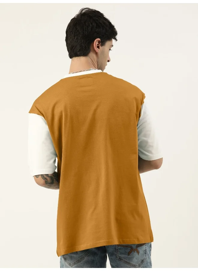 Maniac Mens Printed Round Neck 3/4th Sleeve Mustard and White Cotton Oversized T-Shirt