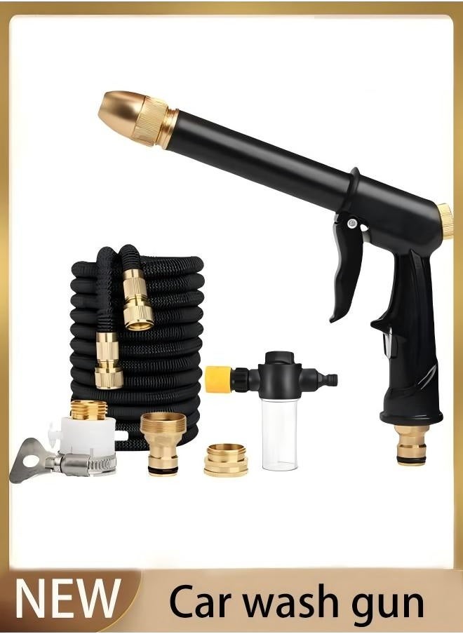 FLYROAD Home Car Wash Water Gun, Garden Hose, Car Wash Retractable 15m Hose Kit with Extension Pole Gun, 3 Quick Connect Fittings and Foam Spray Bottle for Outdoor Cleaning, Lawn Care and Vehicle Washing  - Image 1