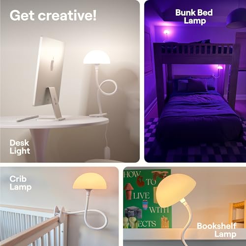 Smallish Shroommate Clip On Light and Bed Headboard Lamp, Bedside Table Lamp for Dorm, College Dorm Room Essentials, Night Light for Kids Nursery, Clip on for Desk, MultiColor LEDs, Adapter Included (White) - Image 5