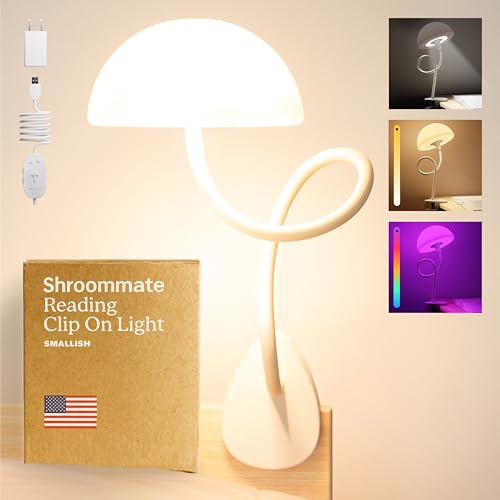 Smallish Shroommate Clip On Light and Bed Headboard Lamp, Bedside Table Lamp for Dorm, College Dorm Room Essentials, Night Light for Kids Nursery, Clip on for Desk, MultiColor LEDs, Adapter Included (White) - Image 1