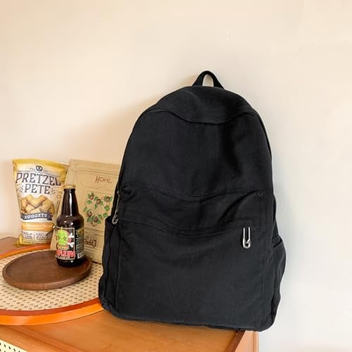 AFGWK Vintage Canvas Backpack for Women Grunge Hippie Cute Boho School Backpack Casual Y2K Aesthetic Backpack (Black) - Image 2