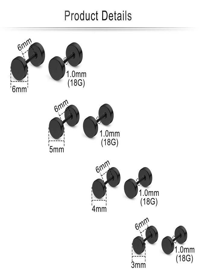 Cisyozi 18G Black Stud Earrings Men for Women Faux Gauges Ear Tunnel Stainless Steel Earrings 3mm 4mm 5mm 6mm, 6 mm, Metal, n / a - Image 2