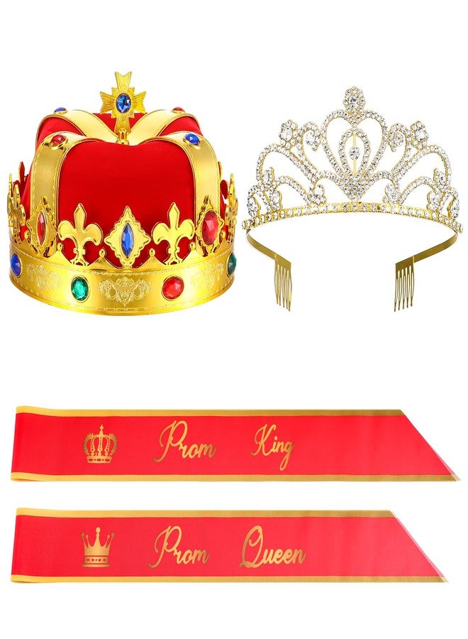 Saintrygo 4 Pcs Prom Crowns and Sashes Set King and Queen Tiara Crowns Satin Sash 80s Party Graduation Wedding Birthday(Red) - Image 1