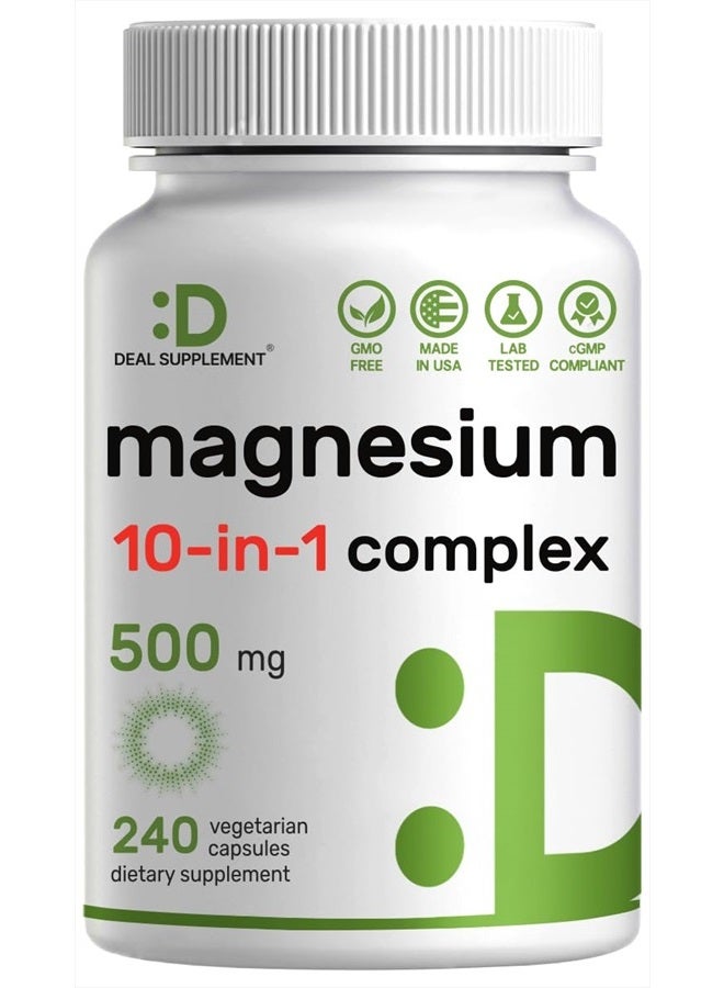 Magnesium Complex Supplement 500mg, 240 Veggie Capsules – 10 in 1 – Glycinate, Citrate, Malate, & More – Chelated Minerals for Muscle & Joint Health - Image 1