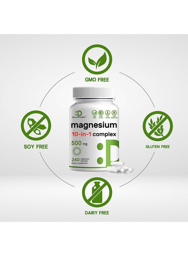 Magnesium Complex Supplement 500mg, 240 Veggie Capsules – 10 in 1 – Glycinate, Citrate, Malate, & More – Chelated Minerals for Muscle & Joint Health - Image 3