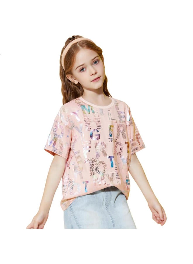 Ask Junior Girls' Short-Sleeve T-Shirt Summer Thin Style, All-Over Letter Print, Pure Cotton Children'S Undershirt, Pink, Size 150 - Image 2