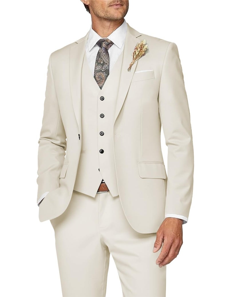 Wangyue Mens Suits 3 Piece Cream Suits for Men Slim Fit Wedding Suits Prom Tuxedo Business Dinner Party, S - Image 1