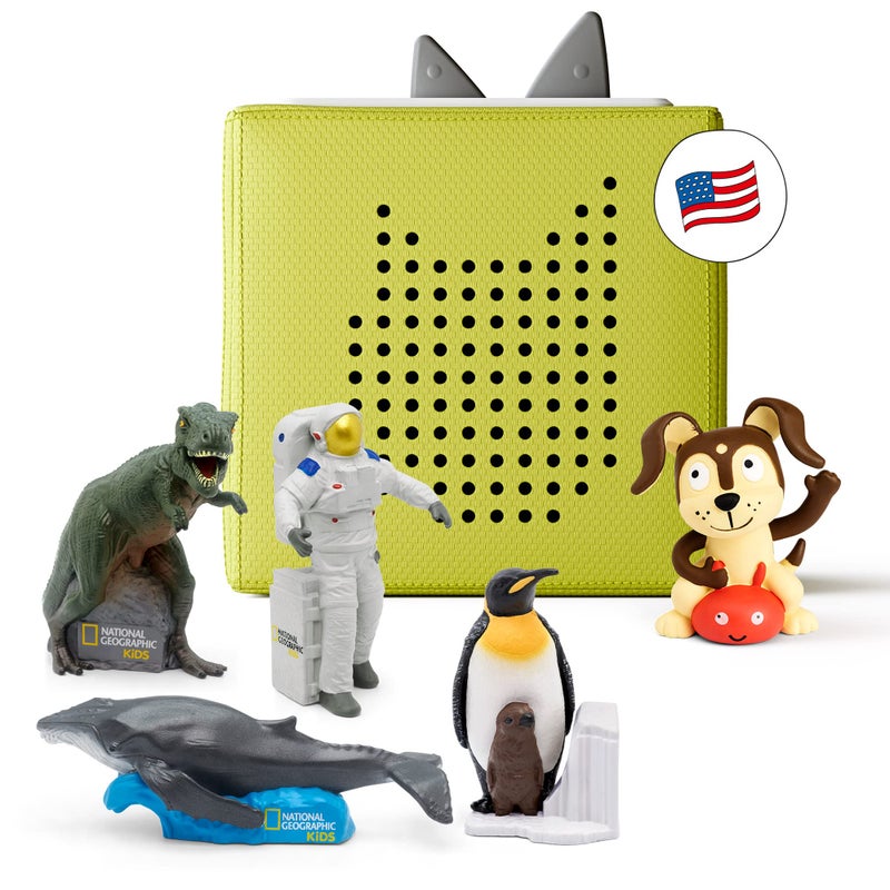 Tonies Toniebox Audio Player Starter Set with National Geographic Astronaut, Dinosaur, Whale, Penguin, and Playtime Puppy - Listen, Learn, and Play with One Huggable Little Box - Green  - Image 1