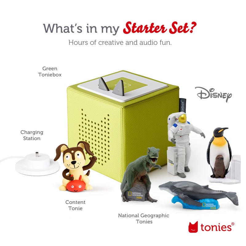 Tonies Toniebox Audio Player Starter Set with National Geographic Astronaut, Dinosaur, Whale, Penguin, and Playtime Puppy - Listen, Learn, and Play with One Huggable Little Box - Green  - Image 5