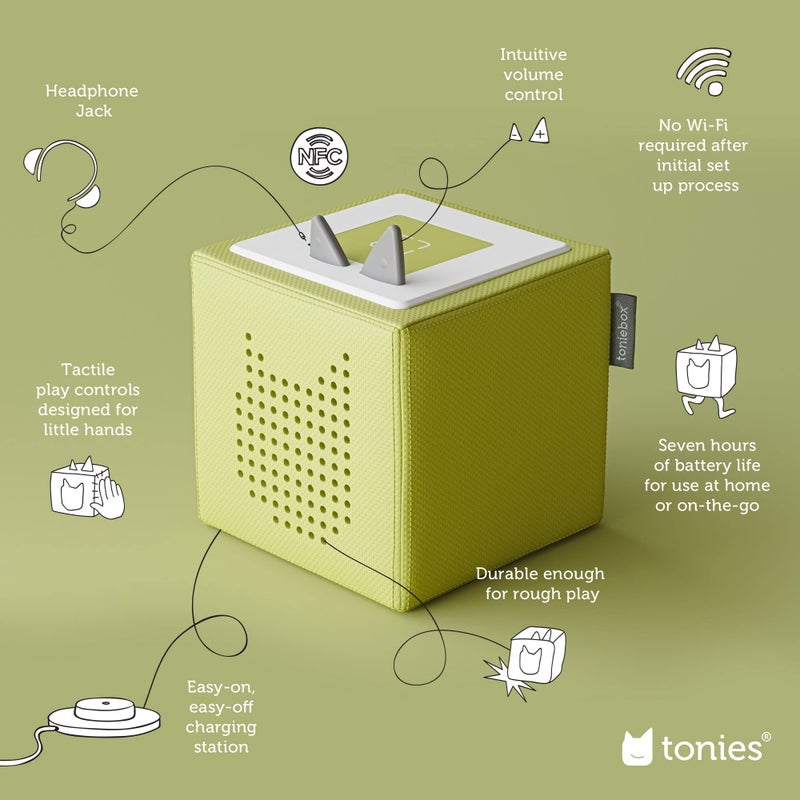 Tonies Toniebox Audio Player Starter Set with National Geographic Astronaut, Dinosaur, Whale, Penguin, and Playtime Puppy - Listen, Learn, and Play with One Huggable Little Box - Green  - Image 3
