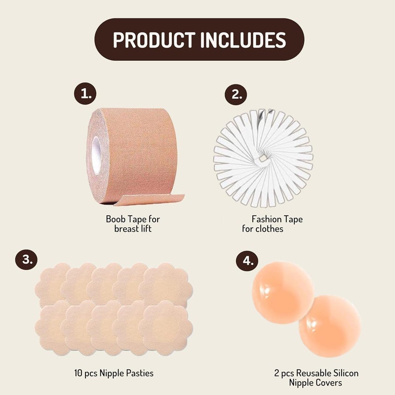 HSR Boob Tape Kit - Breathable Instant Boob Tape with 10 Pasties for Fashion, with 36 Strips Double Sided Tape for Clothes, and 1 Pair Reusable Cover for Women - Image 2