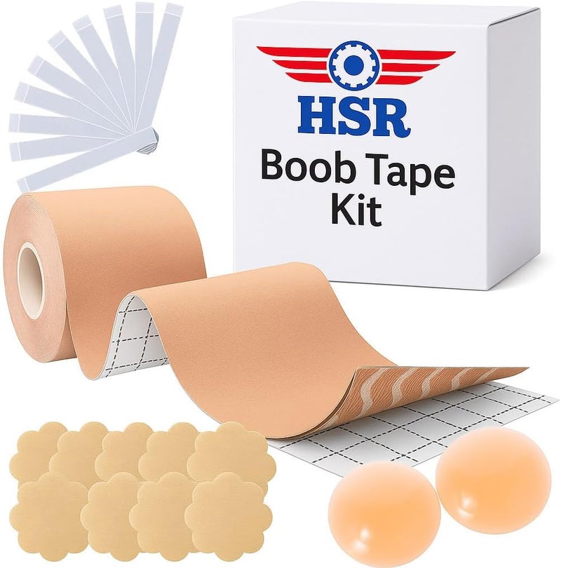 HSR Boob Tape Kit - Breathable Instant Boob Tape with 10 Pasties for Fashion, with 36 Strips Double Sided Tape for Clothes, and 1 Pair Reusable Cover for Women - Image 1