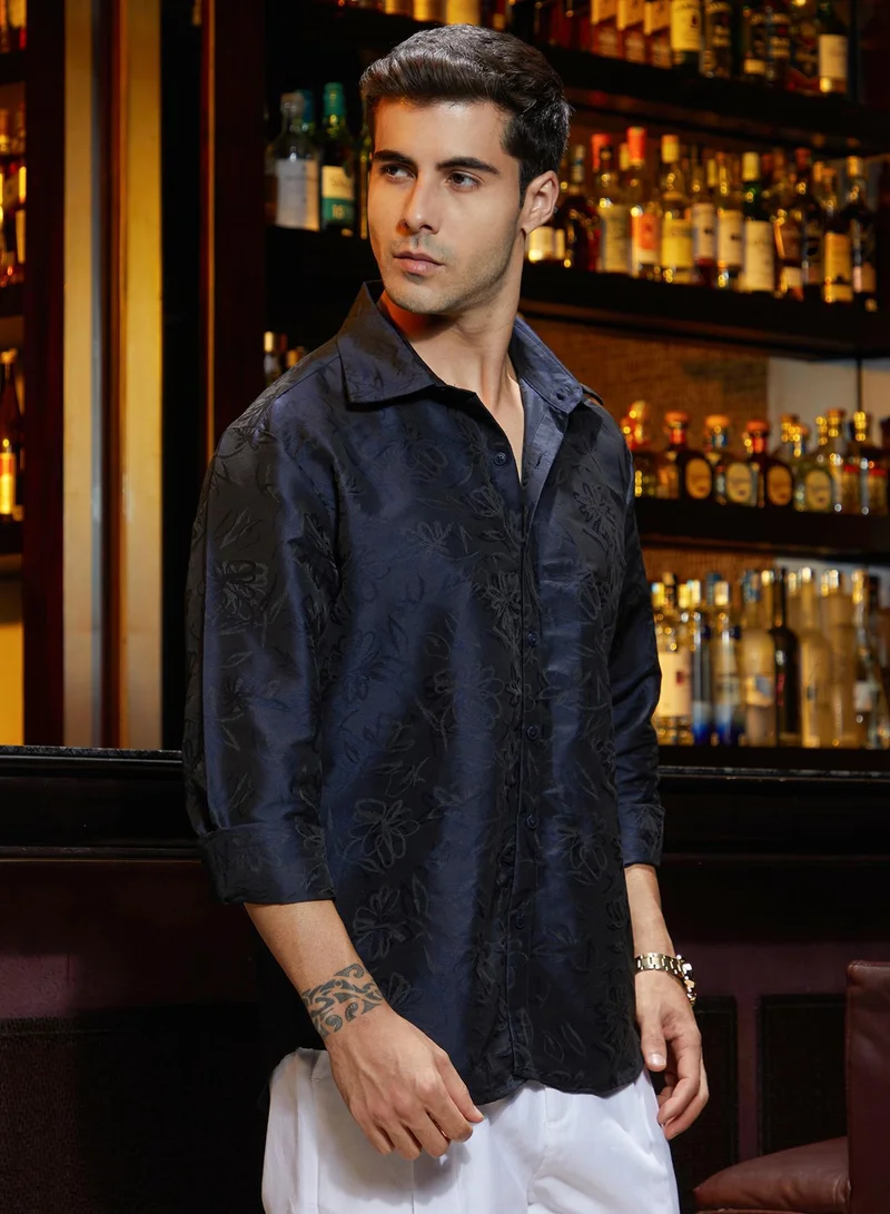 Campus Sutra  Men's Navy Blue Flora-Woven Shirt for Men | Best Price UAE