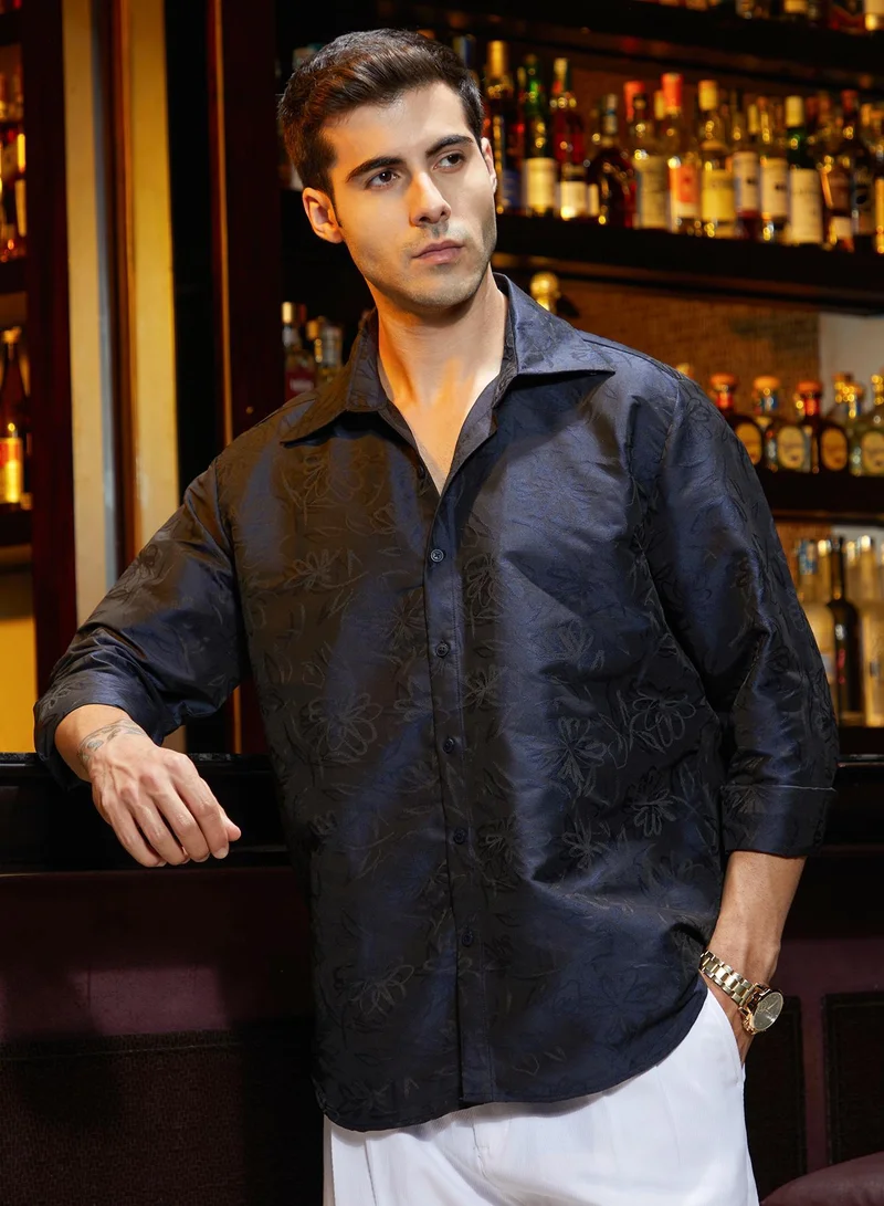 Campus Sutra Men's Navy Blue Flora-Woven Shirt