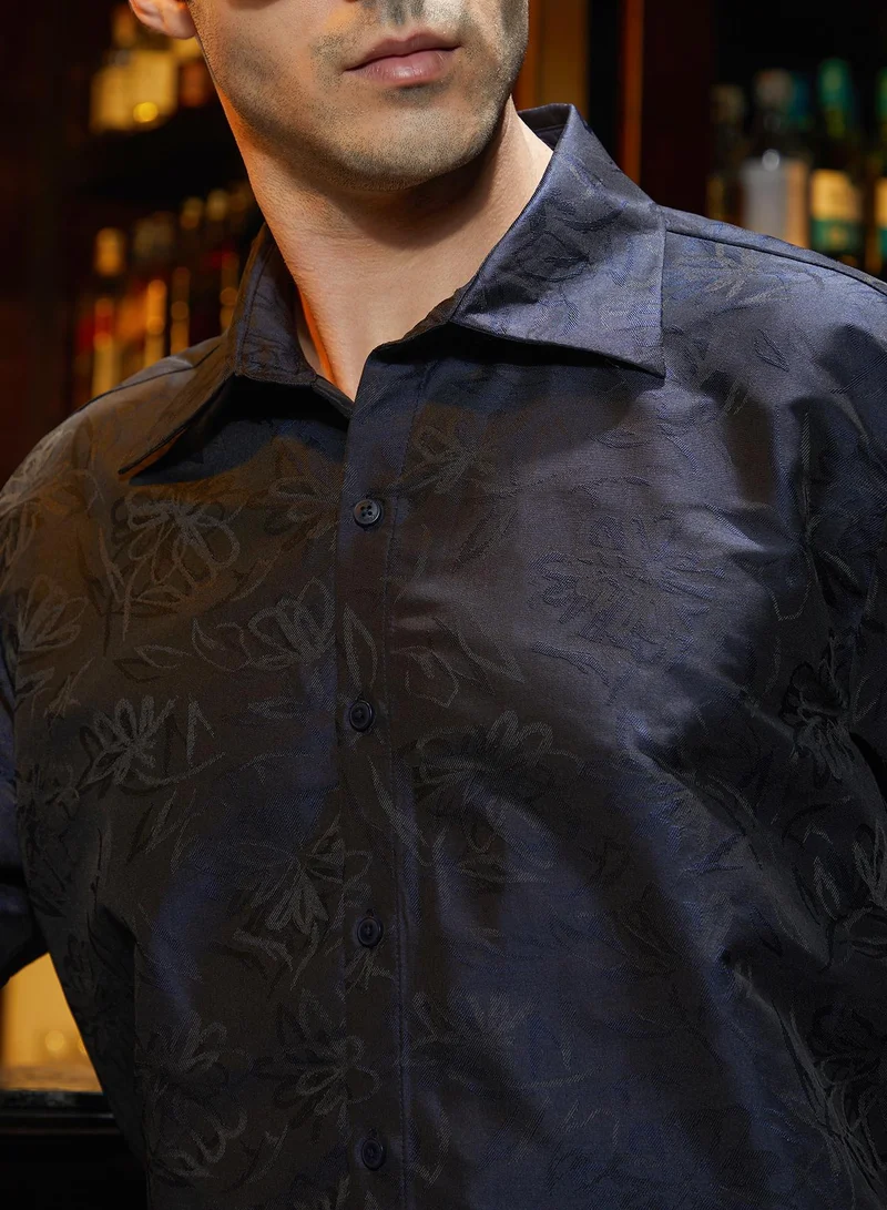 Campus Sutra  Men's Navy Blue Flora-Woven Shirt for Men | Best Price UAE