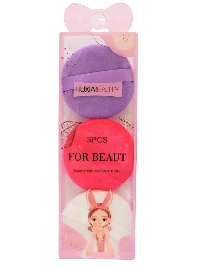 HUXIA BEAUTY Face Makeup Sponge Set Round Face Makeup Sponge and Powder Blending Cotton Sponge with Strap for Foundation Powder Loose Mineral Body Powder, 3 Pieces - Image 1