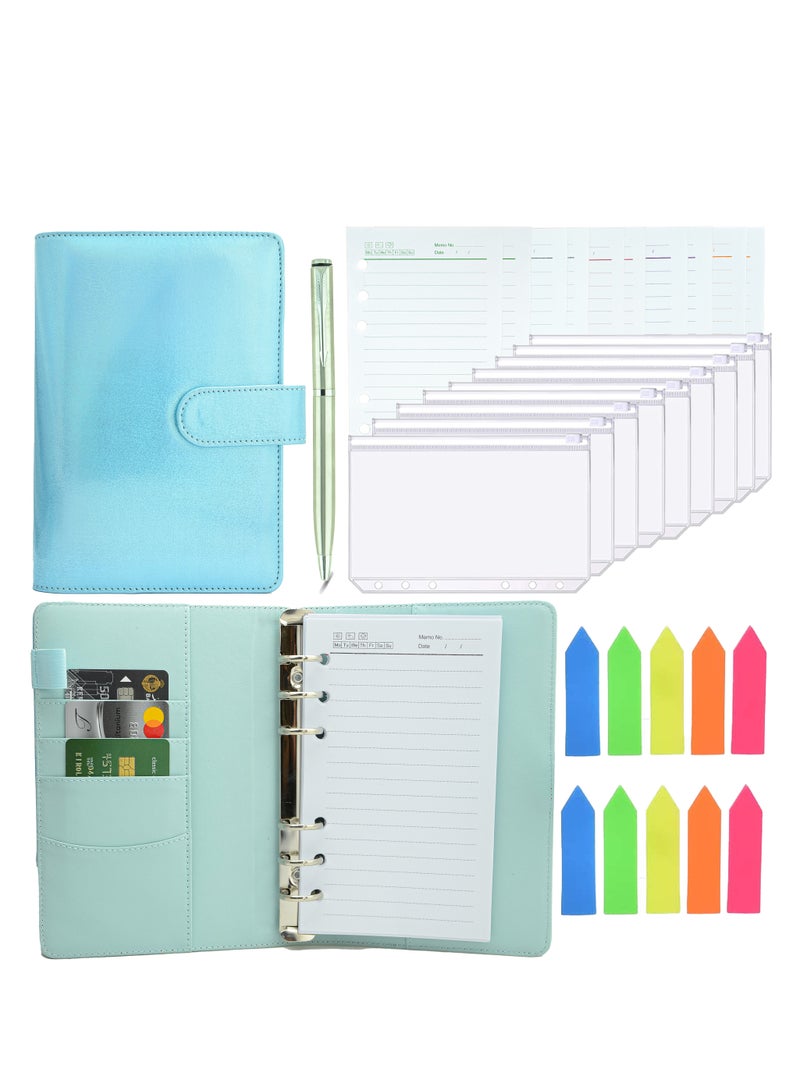 Money envelope, budget papers, and expenses - with cash envelopes for budgeting and saving money - colored sticky notes and a metal pen - cyan - Image 1