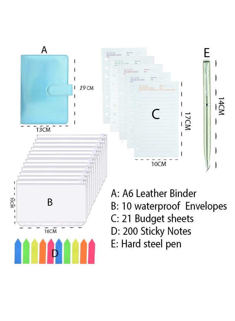 Money envelope, budget papers, and expenses - with cash envelopes for budgeting and saving money - colored sticky notes and a metal pen - cyan - Image 2