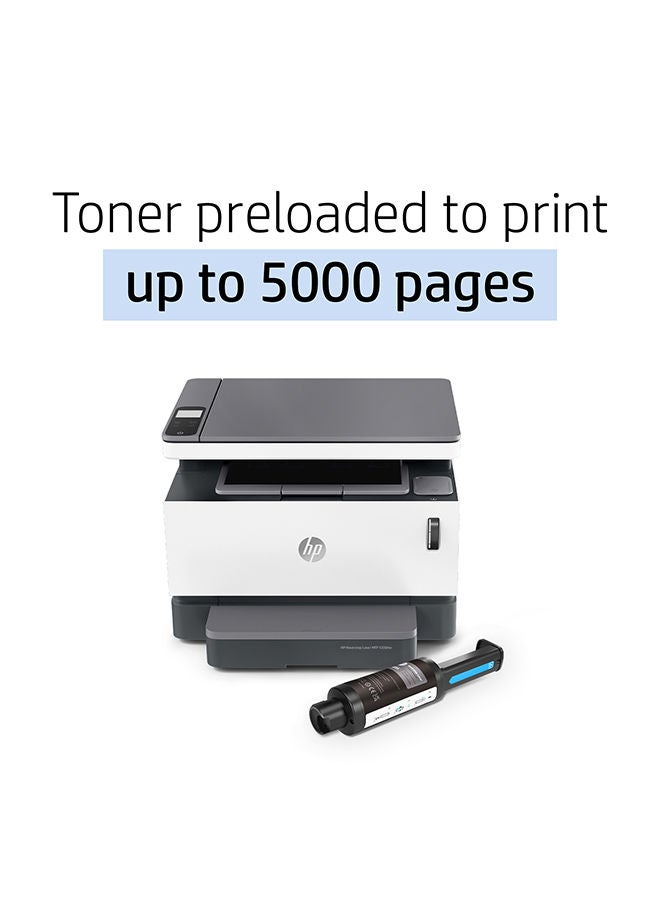 HP طابعة نيفرستوب الليزرية اللاسلكية بقدرة 1200 وات للطباعة والمسح الضوئي والنسخ، مع ملقم مستندات آلي وطباعة بالأسود والأبيض وتونر محمل مسبقاً في الطابعة بإنتاجية تصل إلى 5000 صفحة، طراز 4RY26A أبيض/رمادي - Image 2