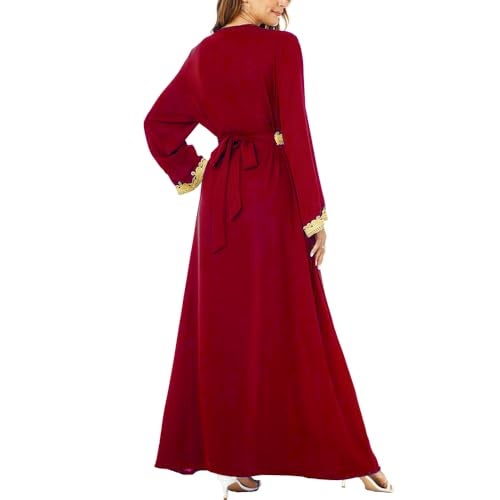 DRHOM Muslim Women Kaftan Abaya Dress Long Sleeve V-Neck Dubai Islamic Robe Loose Long Dress (US, Alpha, X-Large, Regular, Regular, Red) - Image 2