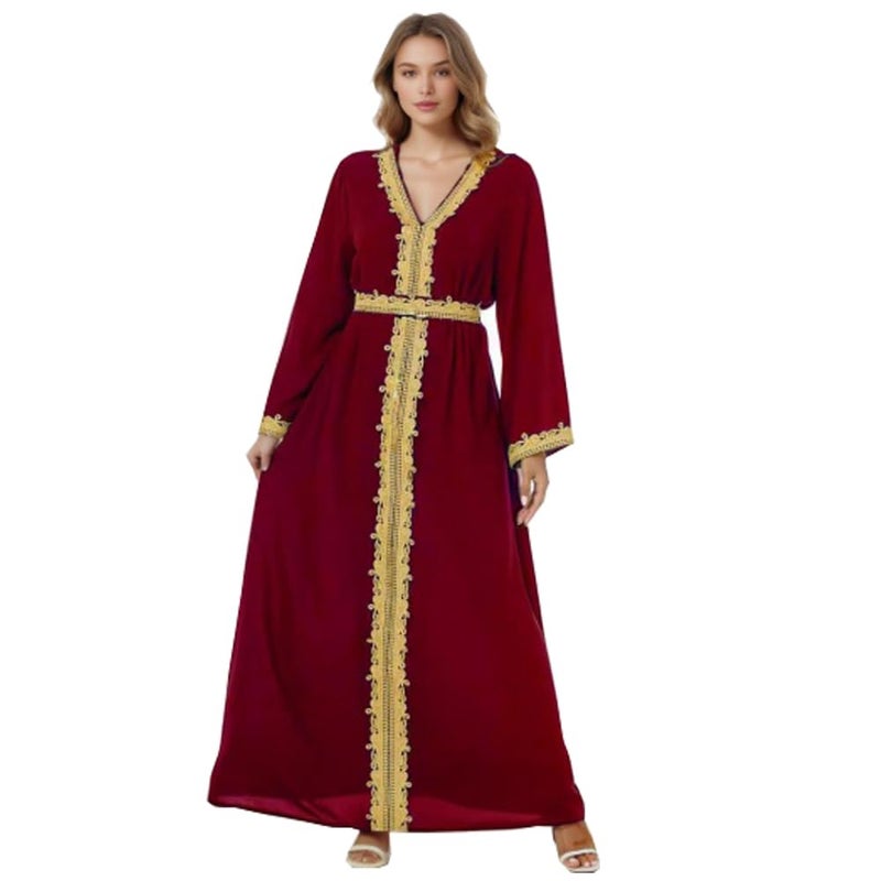 DRHOM Muslim Women Kaftan Abaya Dress Long Sleeve V-Neck Dubai Islamic Robe Loose Long Dress (US, Alpha, X-Large, Regular, Regular, Red) - Image 4