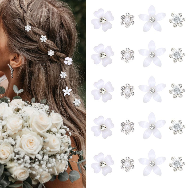 YISSION Mini Rhinestone Hair Pins - 20Pcs Cute Small Decorative Wedding & Bridal Barrettes With Flowers for Girls & Women (4 Flower Patterns) - Image 1