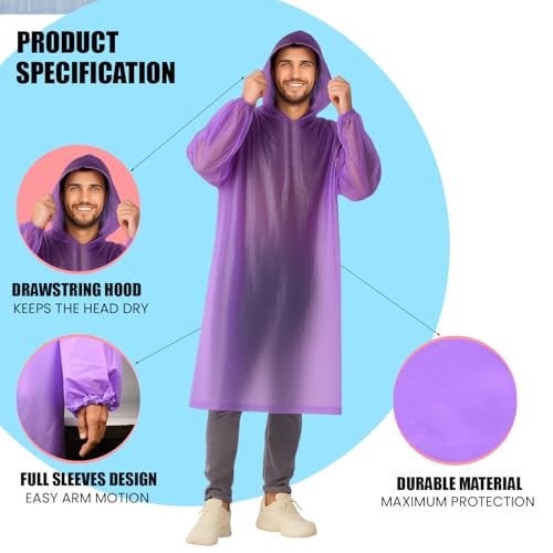 HACER EVA Raincoat 110 GSM with Adjustable Hood Full Sleeves Universal Size Long Length Lightweight Water Resistant Outdoor Rainwear for Camping Trekking Hiking Men & Women (Pack of 1, Purple) - Image 3