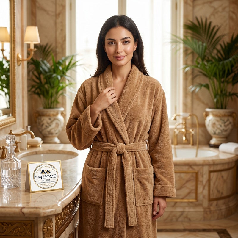 TM HOME Unisex Bathrobe, Cotton, Soft and Highly Absorbent, Premium Hotel Quality, Brown - Image 4