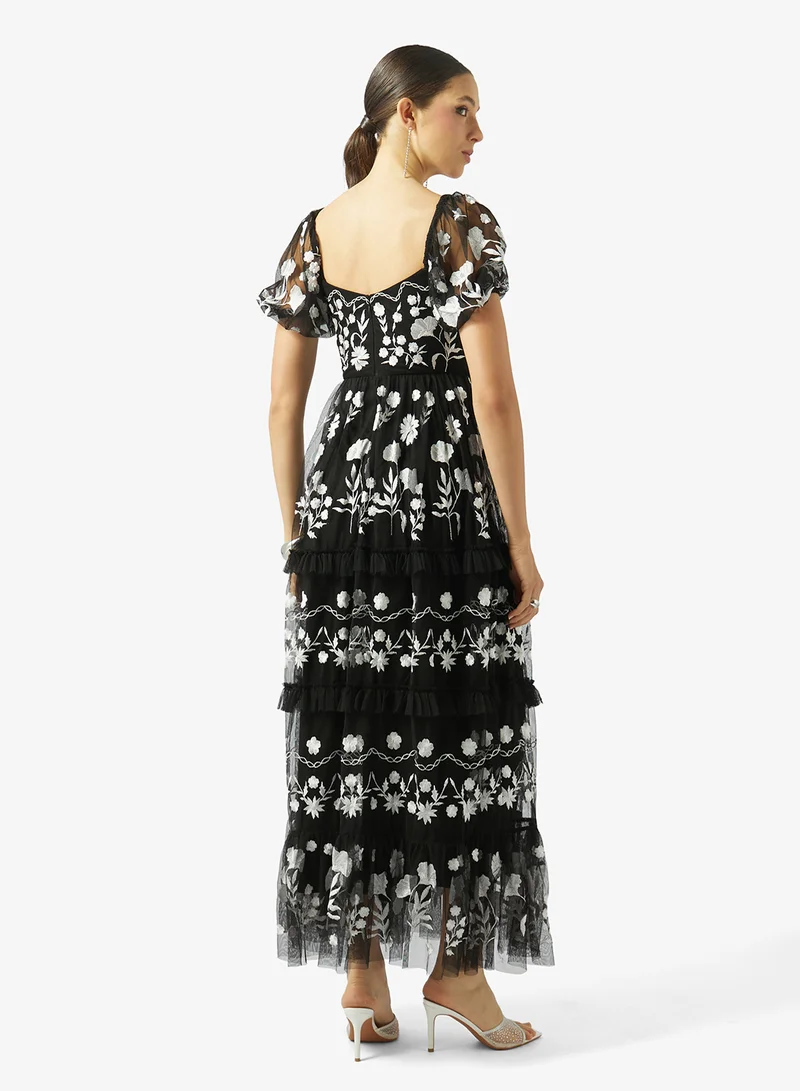 Maya Embroidered Puff Sleeve Midi Dress