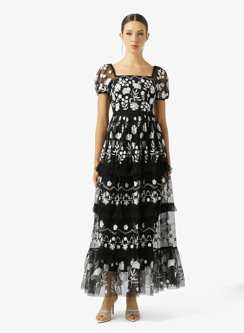 Maya Embroidered Puff Sleeve Midi Dress
