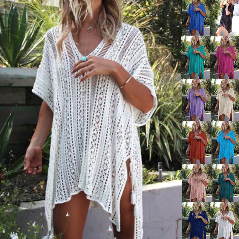European and American vacation swimwear hollow V-neck loose bikini blouse knitted beach sun protection clothing dress multi-color supply black one size