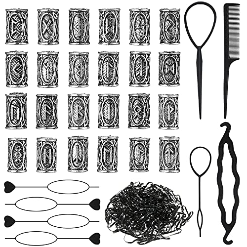 Geosar 24 Pcs Norse Vikings Runes Hair Beard Beads for Bracelets Necklace Accessories DIY Includes 7 Pcs Pull Hair Pin Quick Beader Tool and Black Rubber Bands for Women MenSilver - Image 1
