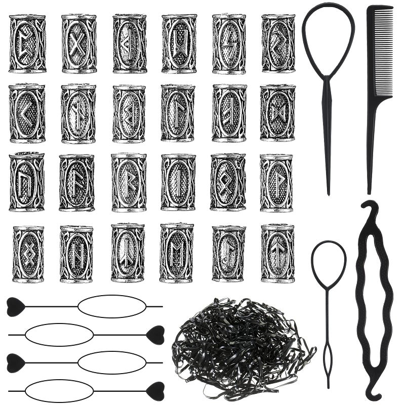 Geosar 24 Pcs Norse Vikings Runes Hair Beard Beads for Bracelets Necklace Accessories DIY Includes 7 Pcs Pull Hair Pin Quick Beader Tool and Black Rubber Bands for Women MenSilver - Image 3