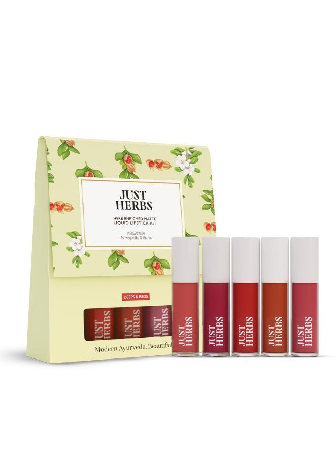 Just Herbs Herb Enriched Matte Liquid Lipstick | Set of 5 | Liquid Lipstick for Women | Deeps & Reds Shade | Hydrating & Lightweight | Ashwagandha & Brahmi - 1ml x 5u - Image 1